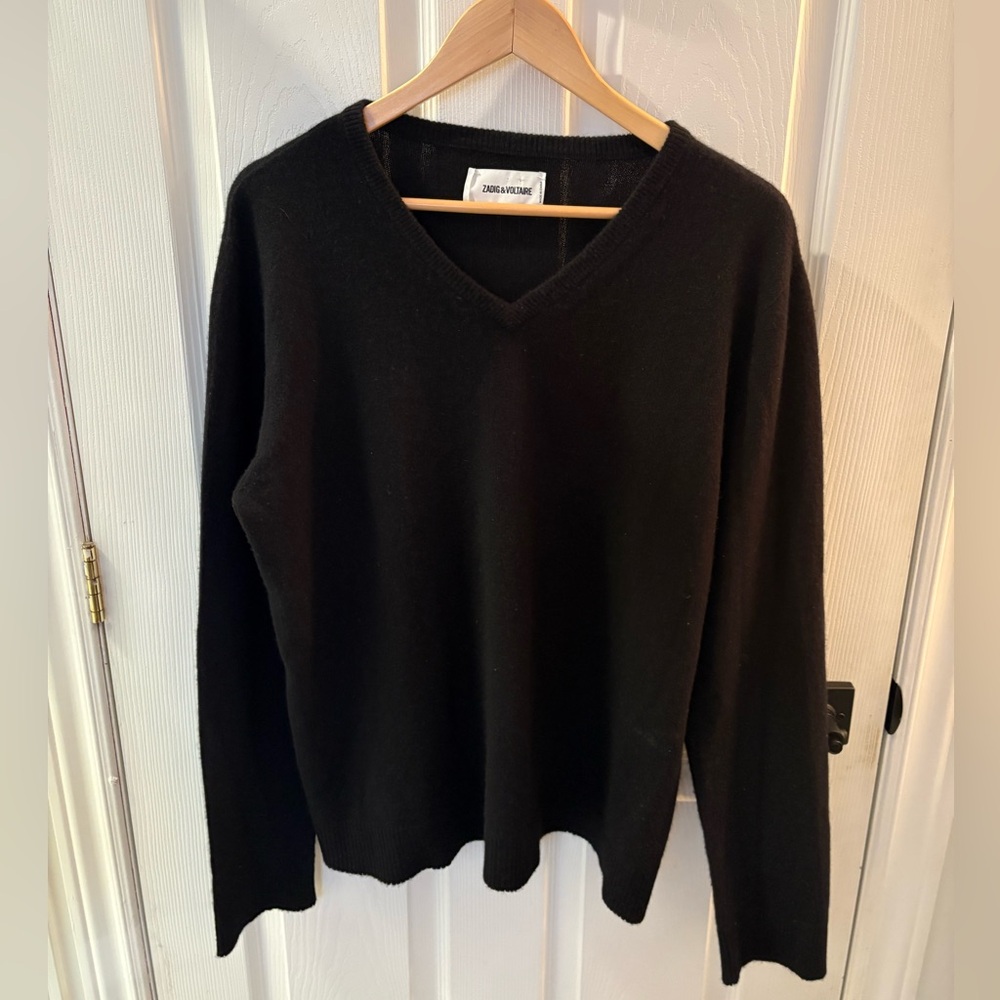 Zadig & Voltaire Black Cashmere Sweater with leather elbow patches